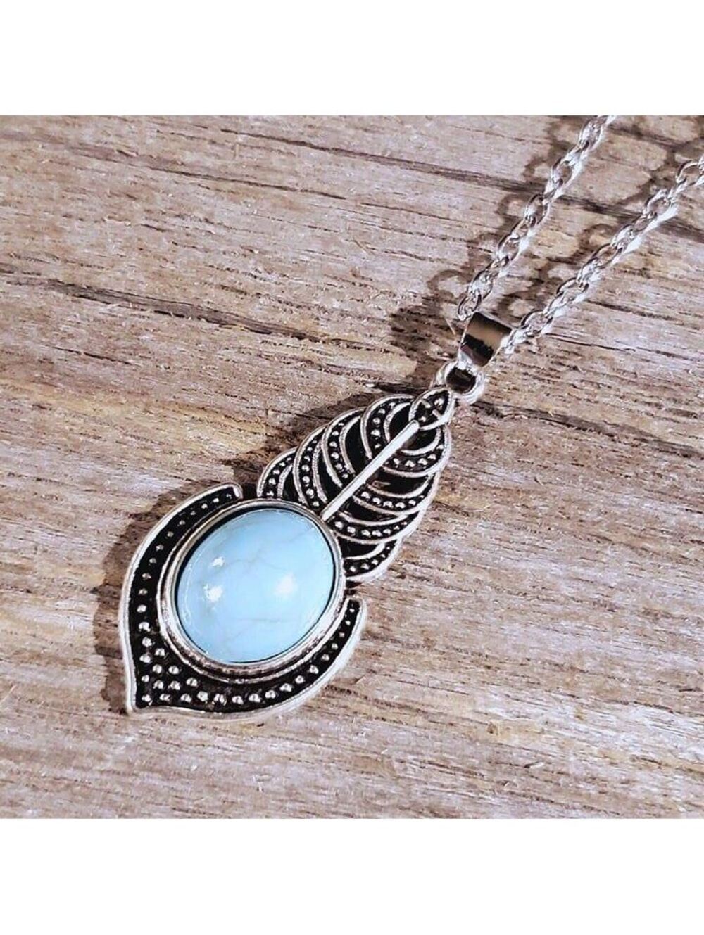 Art Deco Leaves Turquoise Blue Stone Silver Chain Necklace